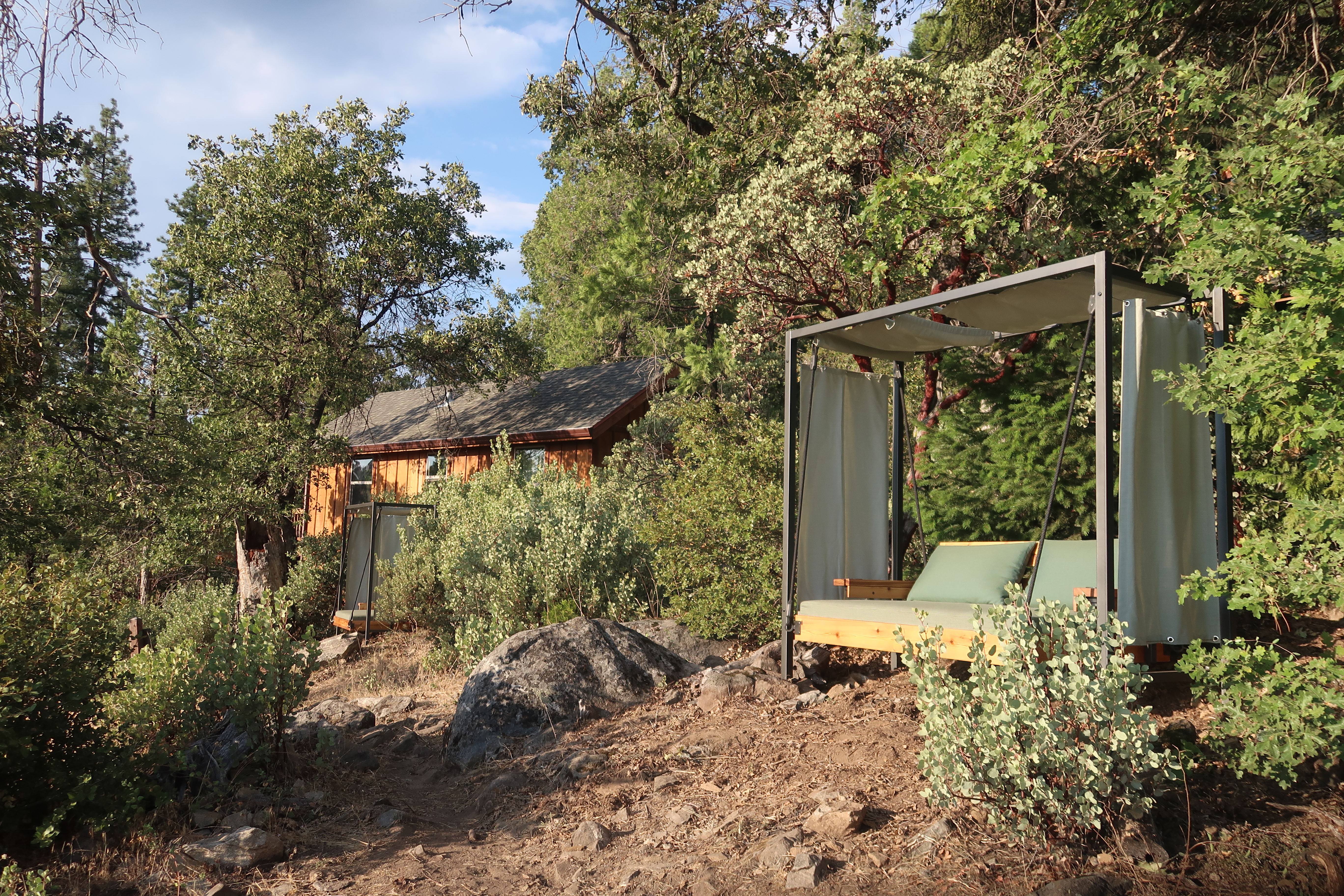Hanging daybeds at Rush Creek Lodge at Yosemite.